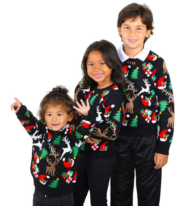 SOCAL LOOK Children Crew Neck Long Sleeve Christmas Sweater Santa Hat Christmas Tree Pullover Black