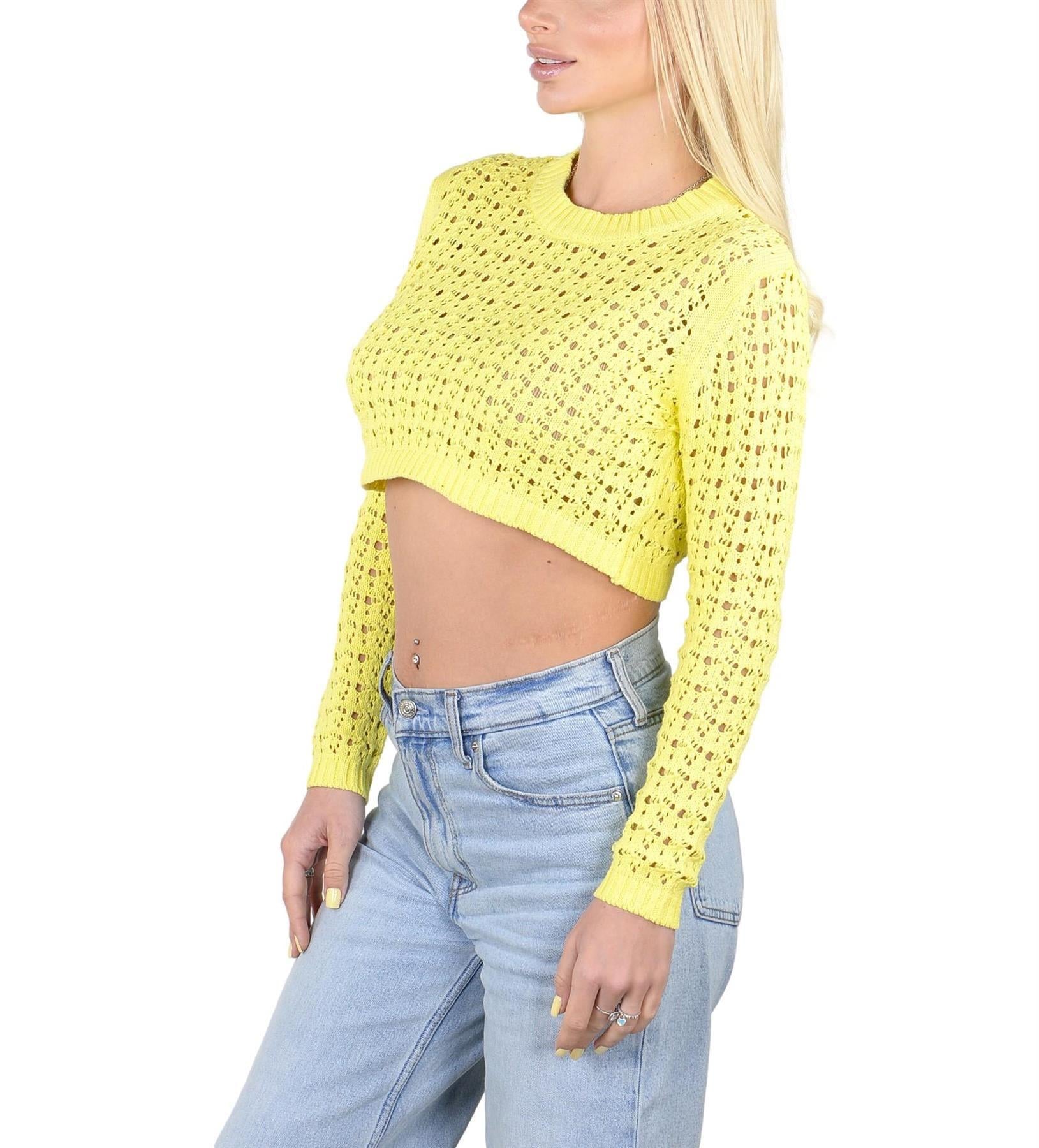 SOCAL LOOK Women’s Crochet Cotton Crop Top Long Sleeve Crew Neck