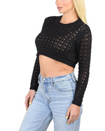 SOCAL LOOK Women’s Crochet Cotton Crop Top Long Sleeve Crew Neck