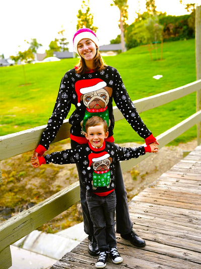 SOCAL LOOK Kids Ugly Christmas Sweater, Black Long Sleeve Unisex Children Cute Pug Holiday Xmas Pullover for Boys & Girls