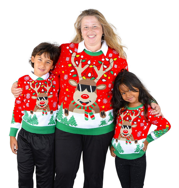 SOCAL LOOK Youth Crew Neck Long Sleeve Ugly Christmas Sweater Rudolph The Red Nose Pullover Red