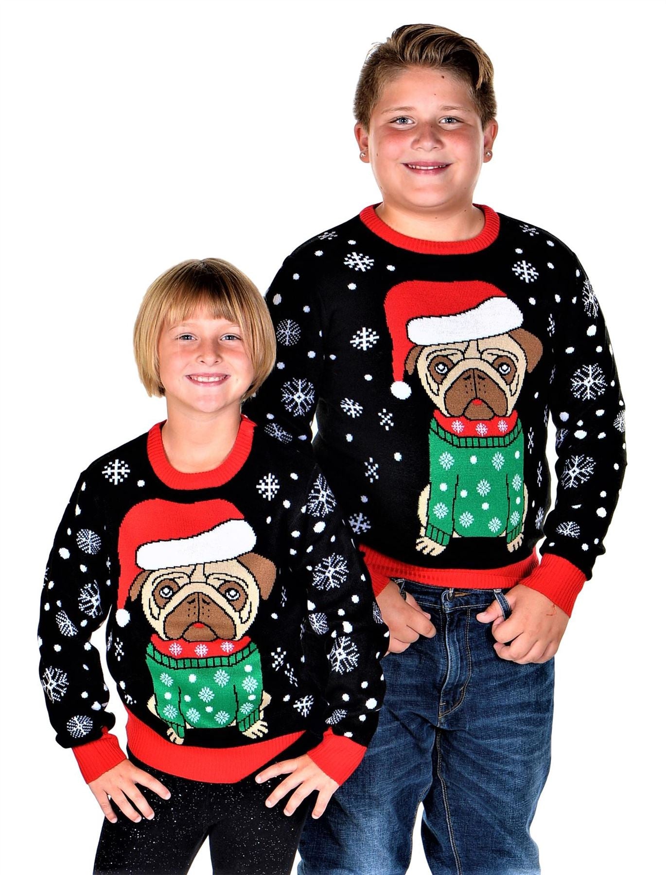 SOCAL LOOK Kids Ugly Christmas Sweater, Black Long Sleeve Unisex Children Cute Pug Holiday Xmas Pullover for Boys & Girls