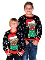 SOCAL LOOK Kids Ugly Christmas Sweater, Black Long Sleeve Unisex Children Cute Pug Holiday Xmas Pullover for Boys & Girls