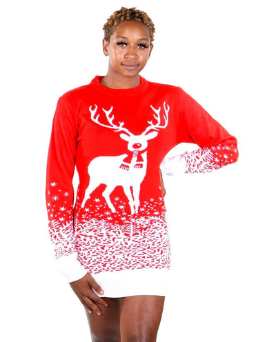 SOCAL LOOK Ugly Christmas Sweater Dress for Women, Red Color Long Sleeve Funny and Festive Reindeer Holiday Xmas Pullover