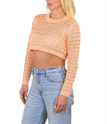 SOCAL LOOK Women’s Crochet Cotton Crop Top Long Sleeve Crew Neck