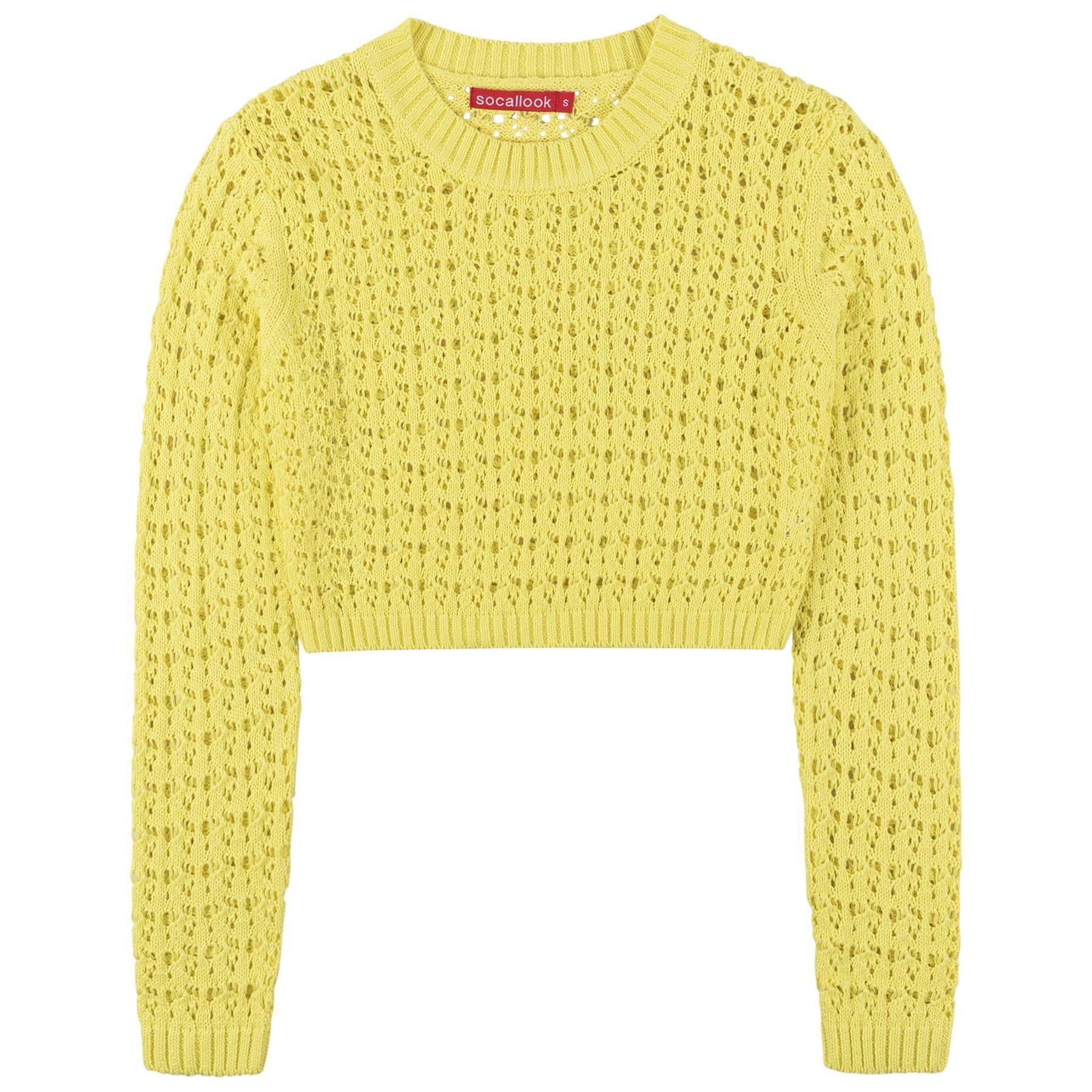 SOCAL LOOK Women’s Crochet Cotton Crop Top Long Sleeve Crew Neck