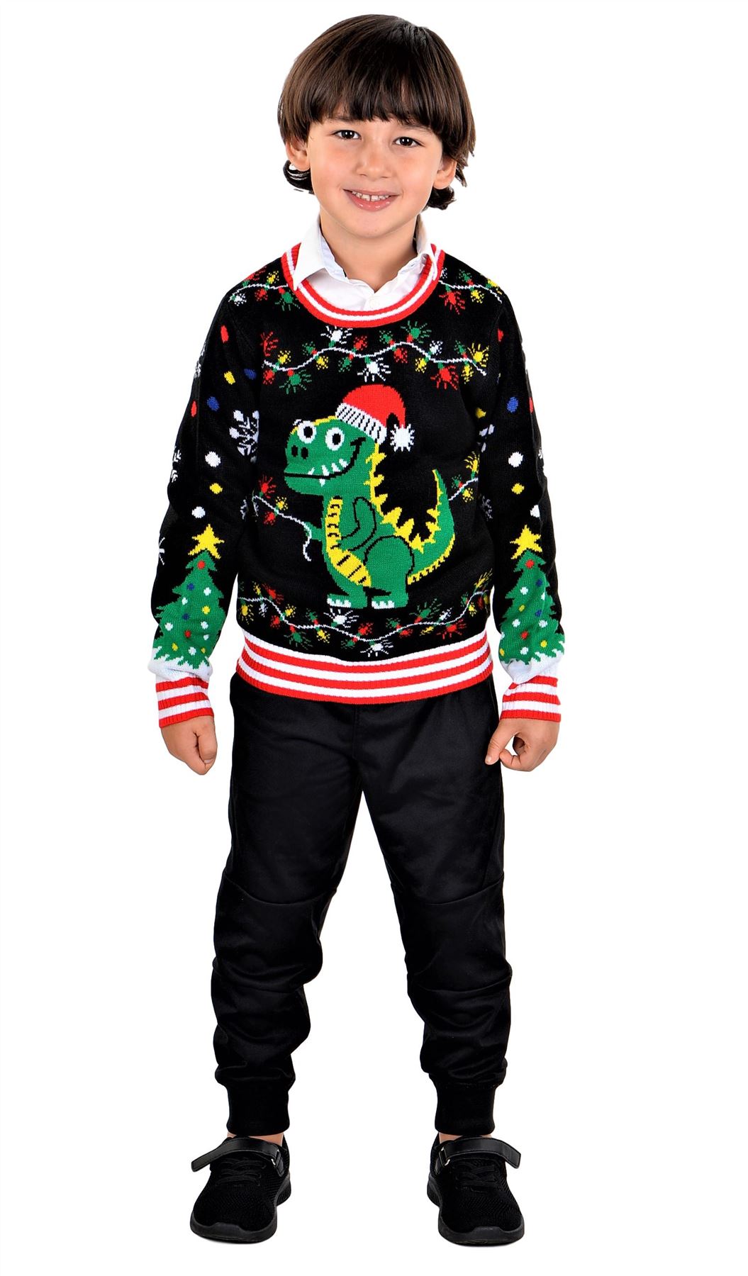 SOCAL LOOK Kids Best Ugly Christmas Sweater - Black Long Sleeve Unisex Children Tacky Cute T-Rex Holiday Pullover for Boys & Girls