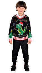 SOCAL LOOK Kids Best Ugly Christmas Sweater - Black Long Sleeve Unisex Children Tacky Cute T-Rex Holiday Pullover for Boys & Girls