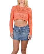 SOCAL LOOK Women’s Crochet Cotton Crop Top Long Sleeve Crew Neck