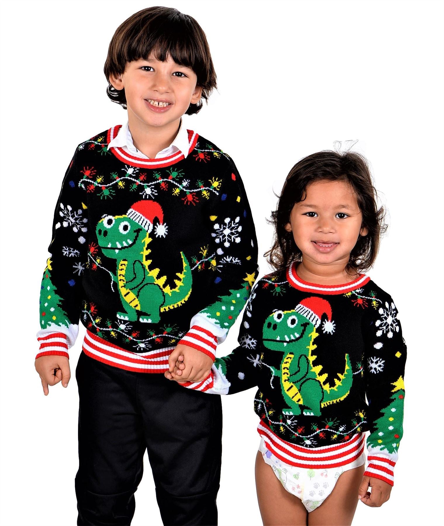 SOCAL LOOK Kids Best Ugly Christmas Sweater - Black Long Sleeve Unisex Children Tacky Cute T-Rex Holiday Pullover for Boys & Girls