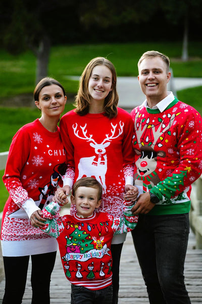 SOCAL LOOK Ugly Christmas Sweater for Youth, Red Long Sleeve Funny and Festive Cute Rudolph Holiday Xmas Pullover for Big Boys & Girls