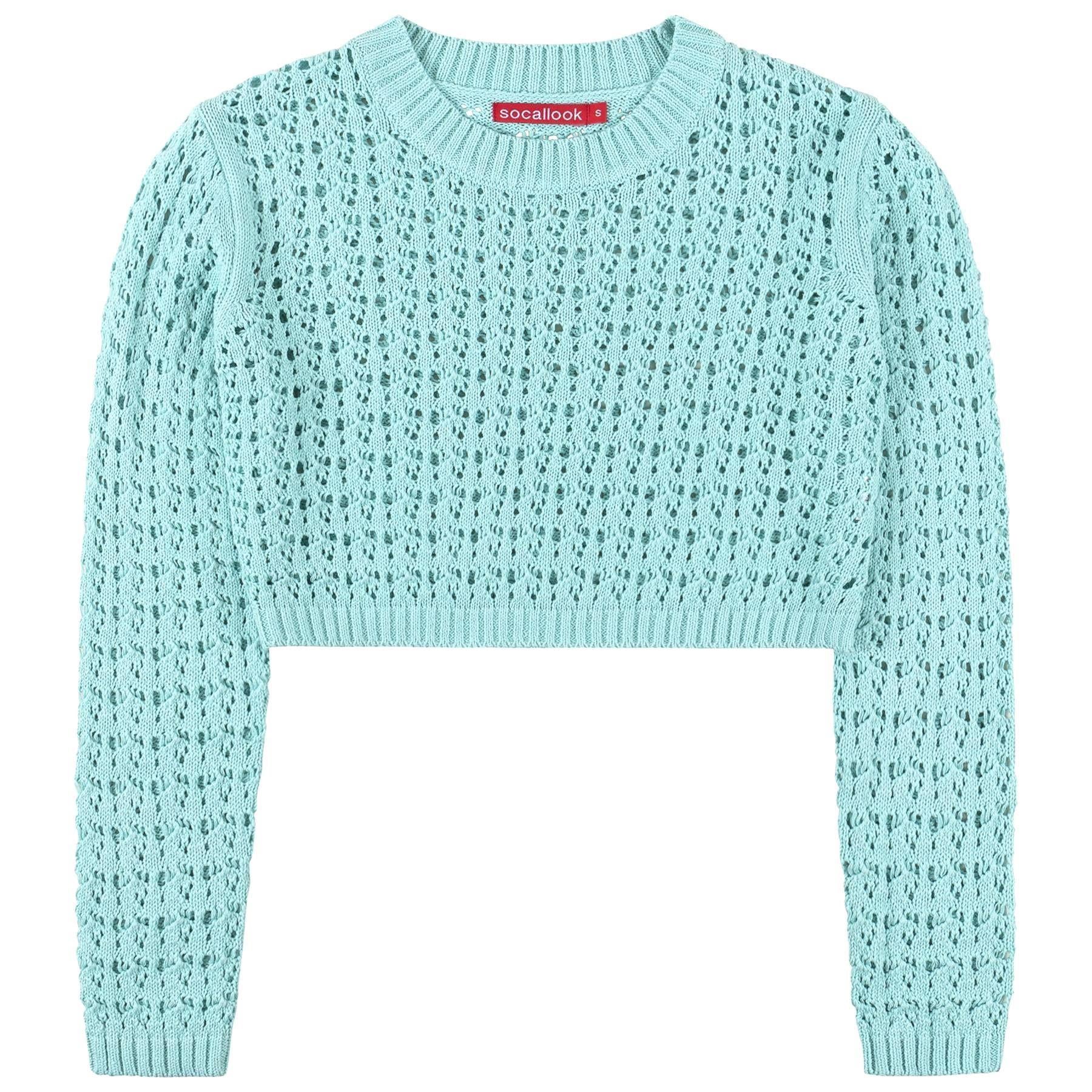 SOCAL LOOK Women’s Crochet Cotton Crop Top Long Sleeve Crew Neck