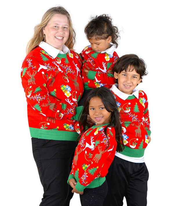 SOCAL LOOK Children Crew Neck Long Sleeve Santa Hat Reindeer Christmas Sweater Red