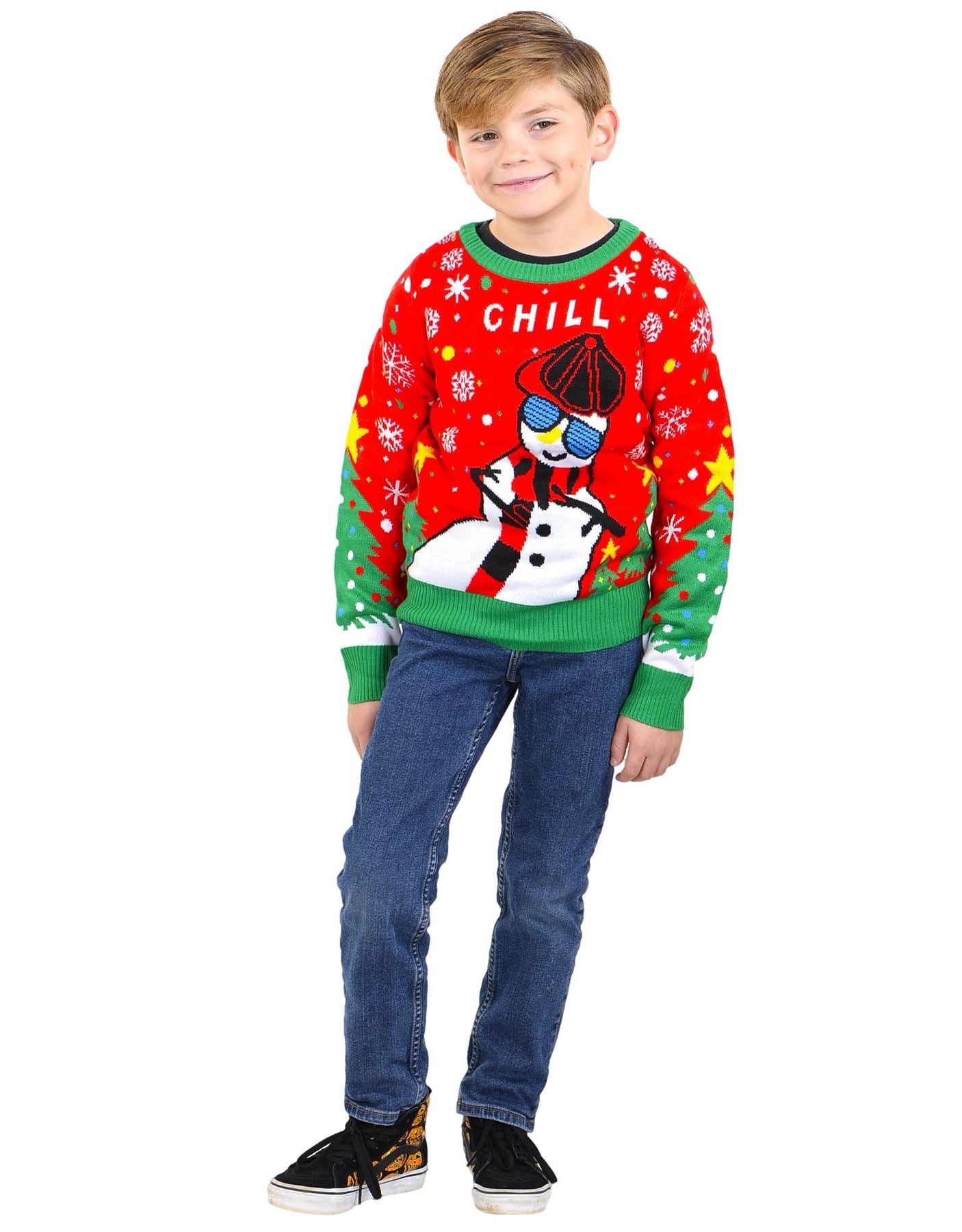 SOCAL LOOK Kids Ugly Christmas Sweater - Red Long Sleeve Unisex Children Festive Cute Chill Snowman Holiday Xmas Pullover for Boys & Girls