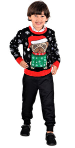 SOCAL LOOK Kids Ugly Christmas Sweater, Black Long Sleeve Unisex Children Cute Pug Holiday Xmas Pullover for Boys & Girls
