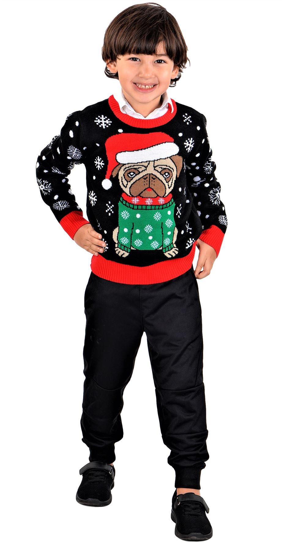 SOCAL LOOK Kids Ugly Christmas Sweater, Black Long Sleeve Unisex Children Cute Pug Holiday Xmas Pullover for Boys & Girls