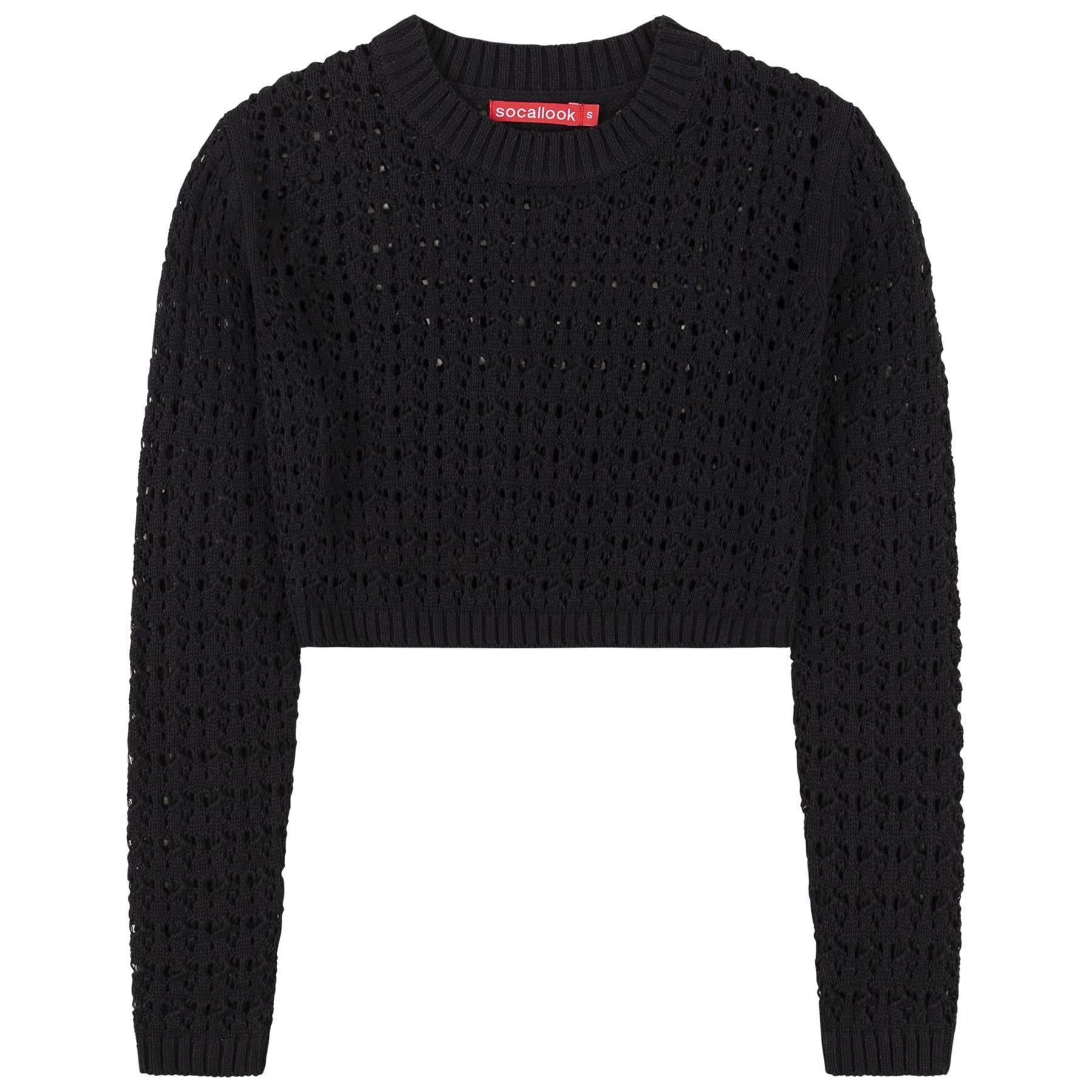 SOCAL LOOK Women’s Crochet Cotton Crop Top Long Sleeve Crew Neck