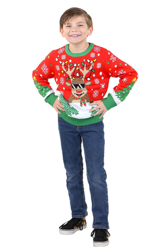 SOCAL LOOK Youth Crew Neck Long Sleeve Ugly Christmas Sweater Rudolph The Red Nose Pullover Red