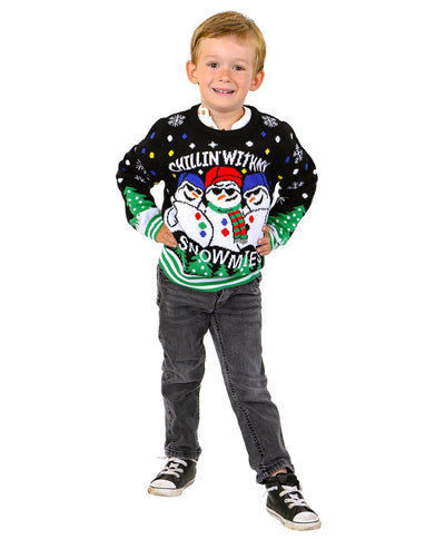 SOCAL LOOK Kids Ugly Christmas Sweater, Black Long Sleeve Cute Snowman Holiday Xmas Pullover for Boys & Girls