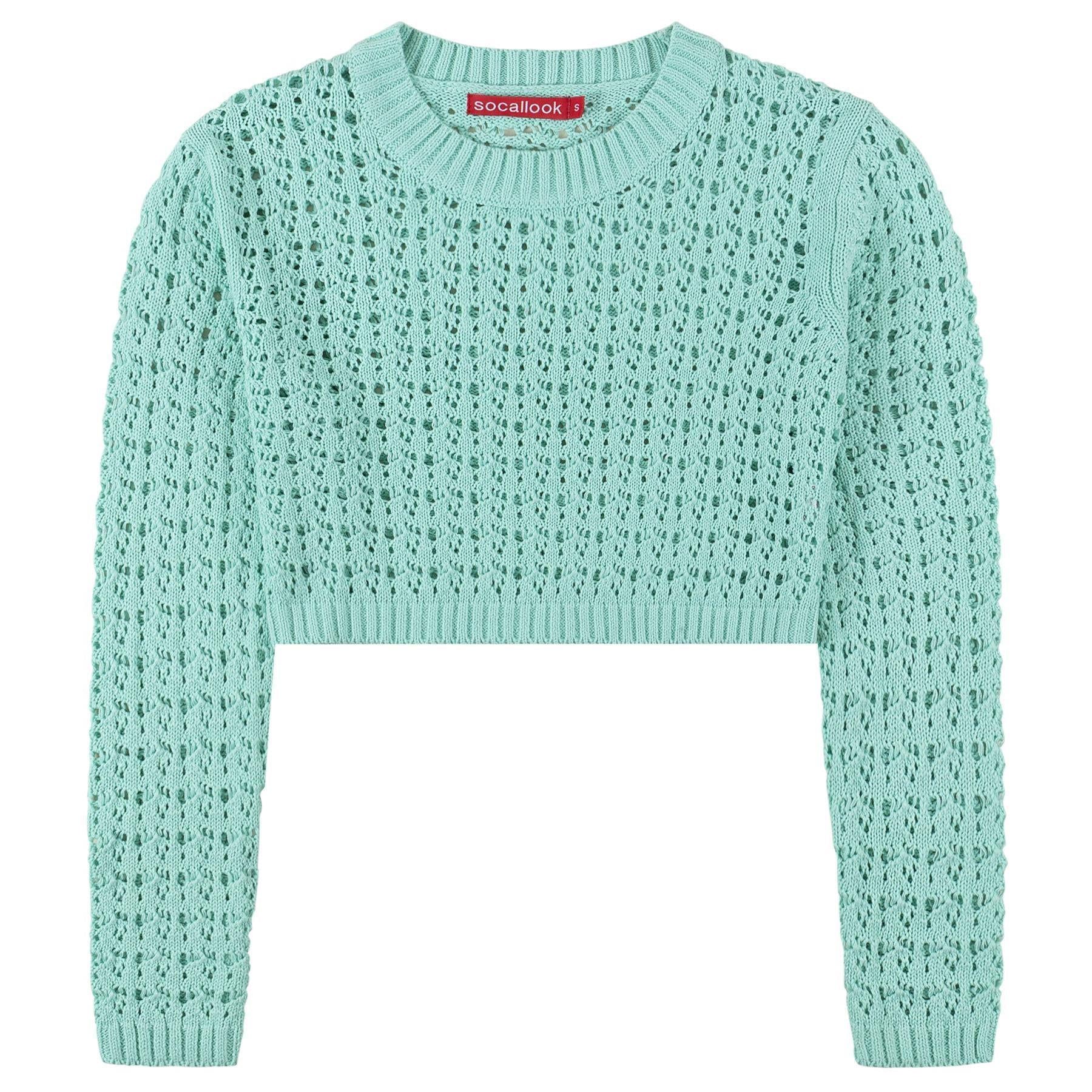 SOCAL LOOK Women’s Crochet Cotton Crop Top Long Sleeve Crew Neck