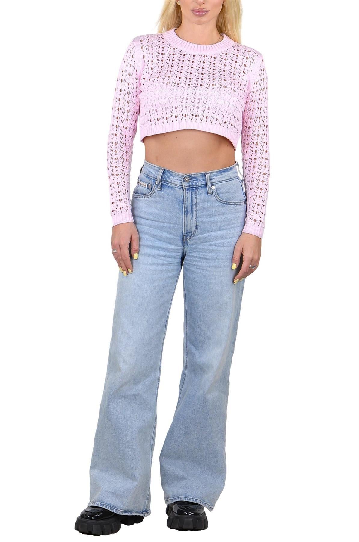 SOCAL LOOK Women’s Crochet Cotton Crop Top Long Sleeve Crew Neck