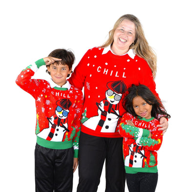 SOCAL LOOK Kids Ugly Christmas Sweater - Red Long Sleeve Unisex Children Festive Cute Chill Snowman Holiday Xmas Pullover for Boys & Girls
