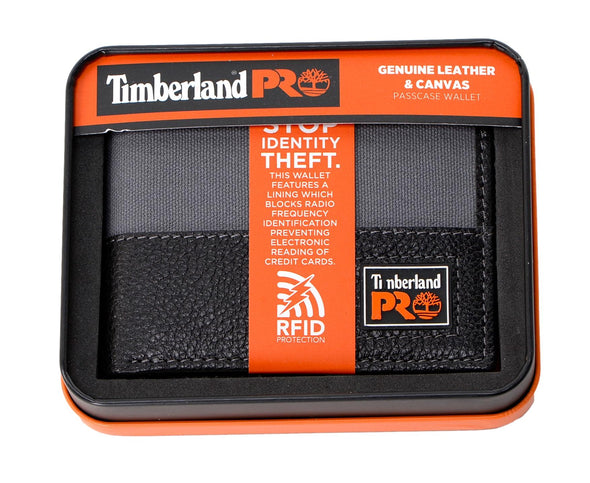 Timberland PRO Men's Genuine Leather & Canvas RFID Bifold Passcase Wallet