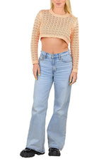 SOCAL LOOK Women’s Crochet Cotton Crop Top Long Sleeve Crew Neck