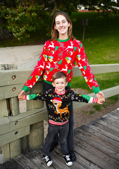 SOCAL LOOK Kids Ugly Christmas Sweater, Black Long Sleeve Children Cute and Festive Reindeer Holiday Xmas Pullover for Boys & Girls