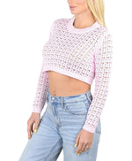 SOCAL LOOK Women’s Crochet Cotton Crop Top Long Sleeve Crew Neck