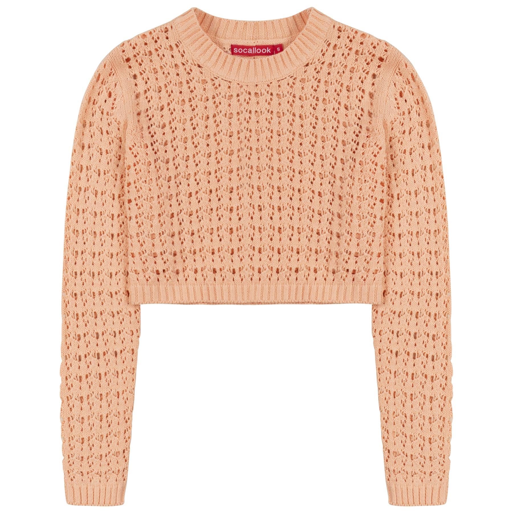 SOCAL LOOK Women’s Crochet Cotton Crop Top Long Sleeve Crew Neck