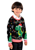 SOCAL LOOK Kids Best Ugly Christmas Sweater - Black Long Sleeve Unisex Children Tacky Cute T-Rex Holiday Pullover for Boys & Girls