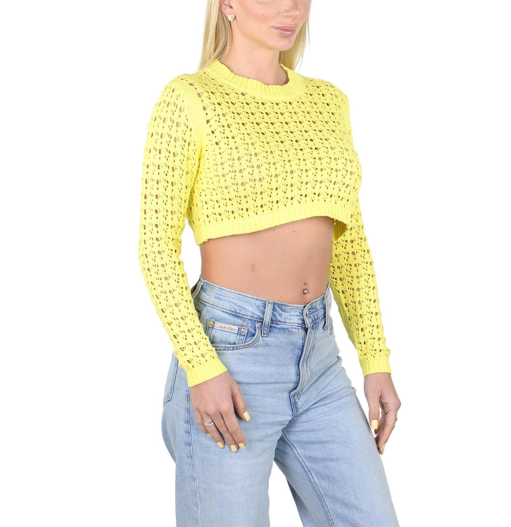 SOCAL LOOK Women’s Crochet Cotton Crop Top Long Sleeve Crew Neck