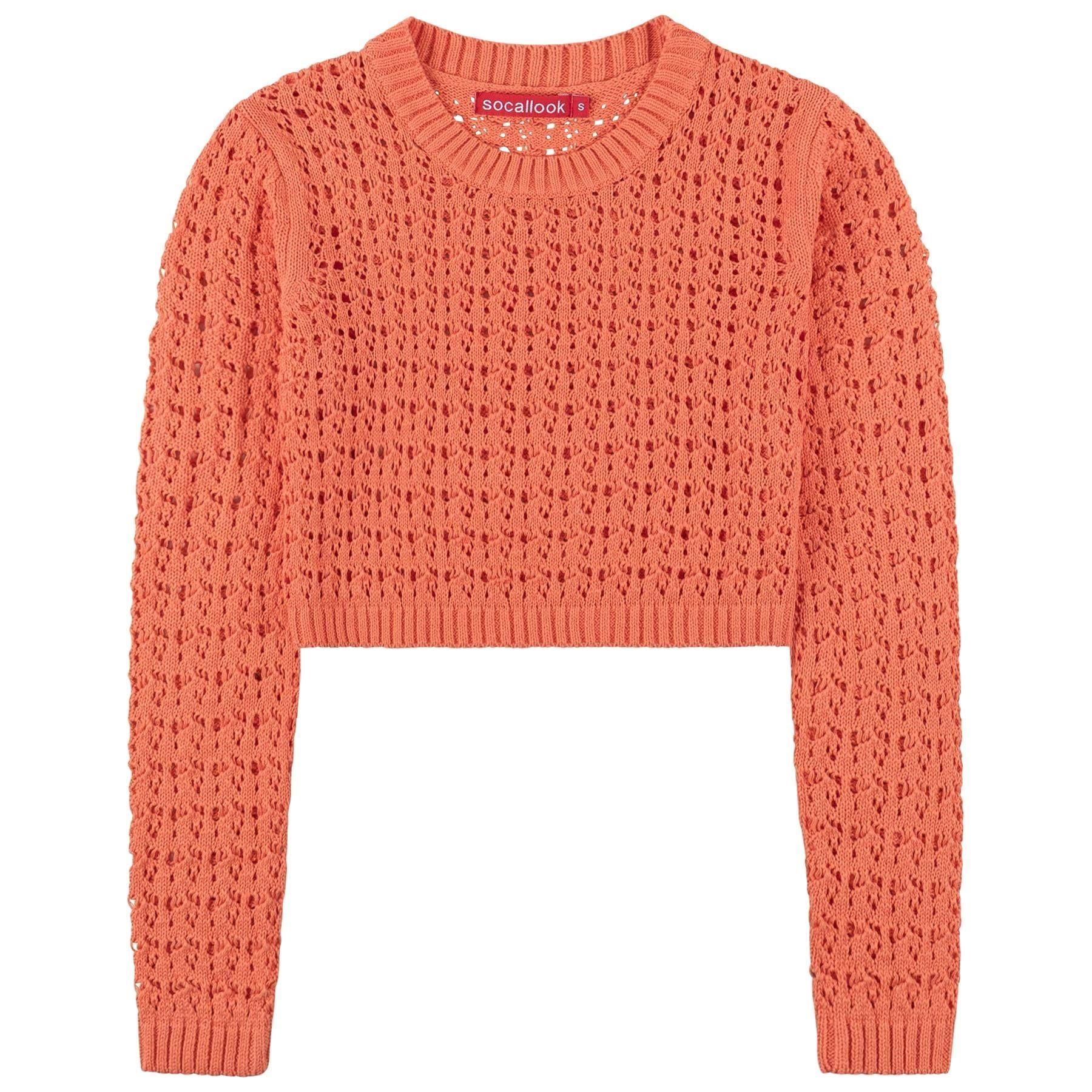 SOCAL LOOK Women’s Crochet Cotton Crop Top Long Sleeve Crew Neck