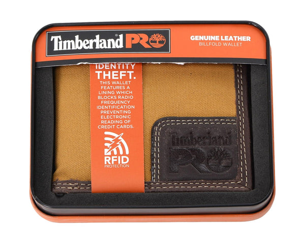 Timberland PRO Men's Canvas Leather RFID Bifold Wallet with Back ID Window