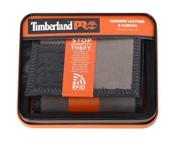 Timberland PRO Men's Canvas Leather RFID Trifold Wallet with Zip Pocket