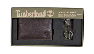 Timberland Mens Leather Bifold Wallet with Leather Covered Bottle Opener Key FOB