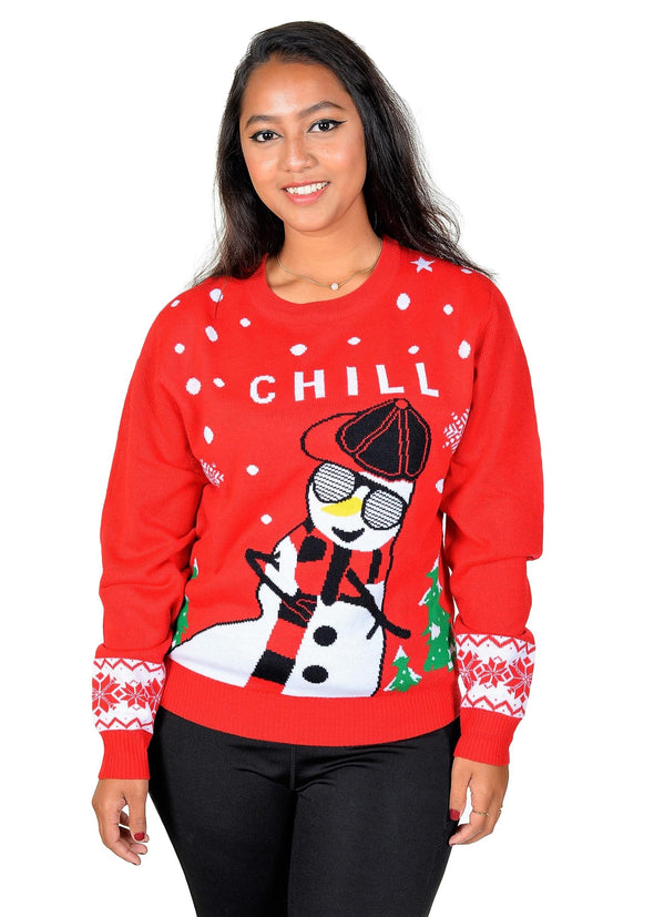chill snowman ugly christmas sweater red girl