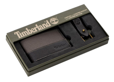 Timberland Men's Canvas Leather Billfold Wallet with Key FOB