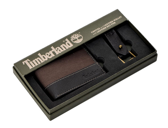 Timberland Men's Canvas Leather Billfold Wallet with Key FOB