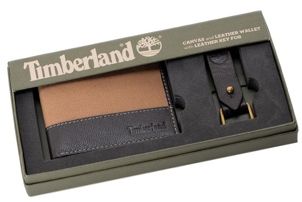 Timberland Men's Canvas Leather Billfold Wallet with Key FOB