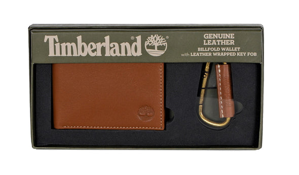 Timberland Mens Leather Bifold Wallet with Leather Wrapped Key FOB