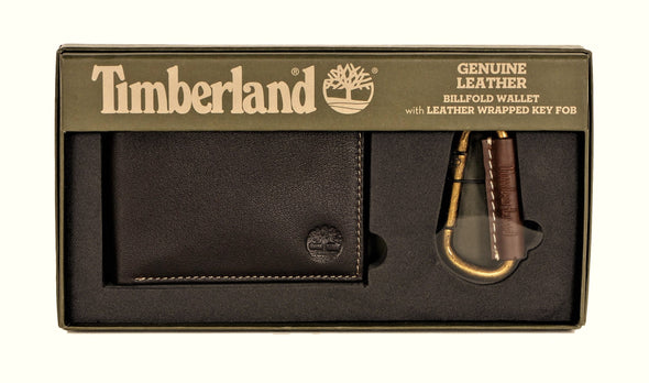 Timberland Mens Leather Bifold Wallet with Leather Wrapped Key FOB